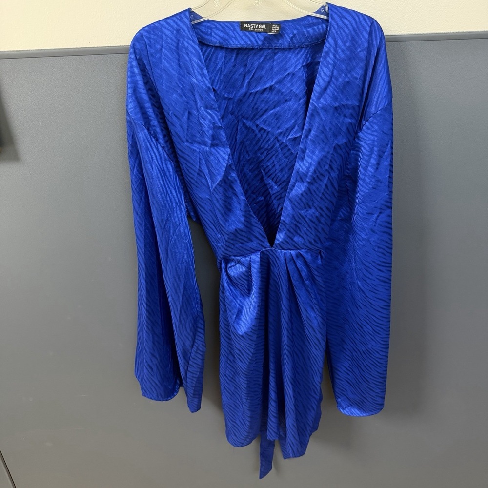 Nasty Gal Deep V Neck Rucked Wrapped Royal Blue Long Sleeve Mini Dress Size 10